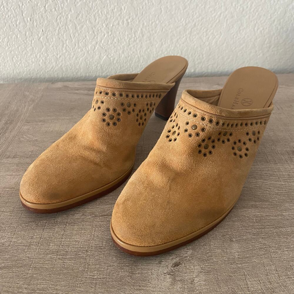 Cole Haan Womens Brown Suede Leather Slip On Mules Clogs Heel Casual Shoes 9.5B